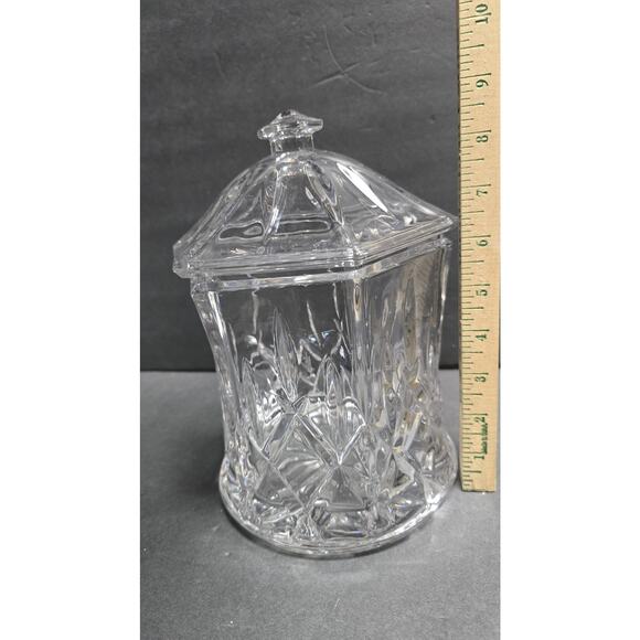Cut Glass Style Lidded Candy Jar Clear Hexagon Apothecary Diamond Pattern 8.5in - Picture 6 of 6